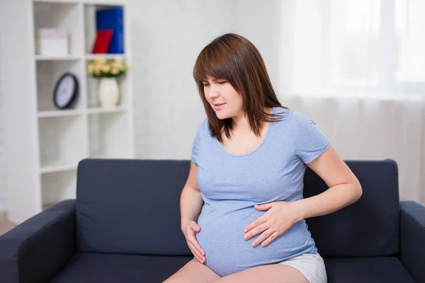 Beautiful Pregnant Woman Getting Contraction Home Living Room — Stock Photo, Image