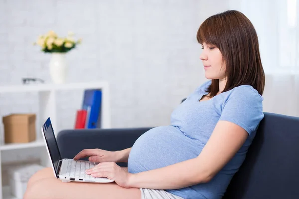 Junge Schwangere Frau Arbeitet Hause Mit Laptop — Stockfoto