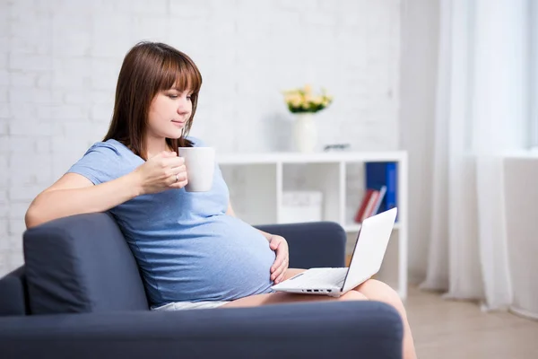 Porträt Einer Schwangeren Mit Laptop Und Kaffeetrinken Modernen Wohnzimmer — Stockfoto