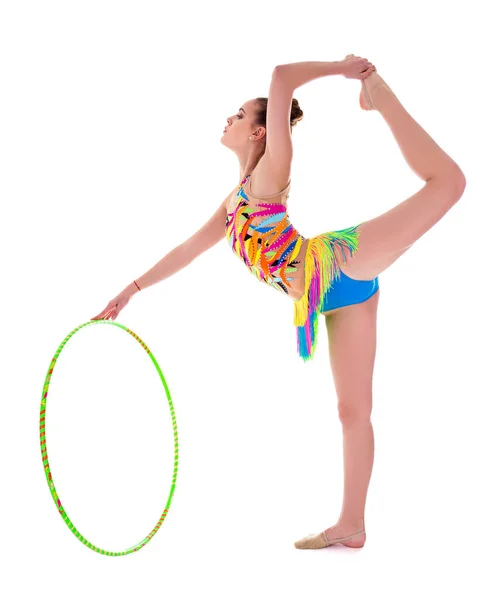 Beautiful Flexible Slim Woman Doing Gymnastics Hoop Isolated White Background — Stock Photo, Image