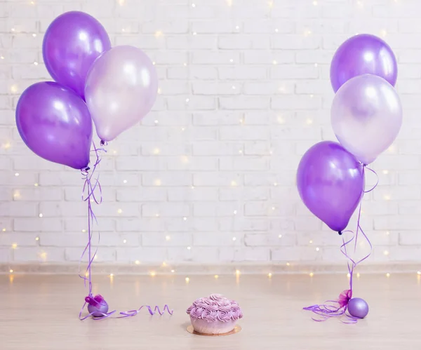 Birthday Party Concept Cake Brick Wall Background Lights Purple Air — Stock Photo, Image