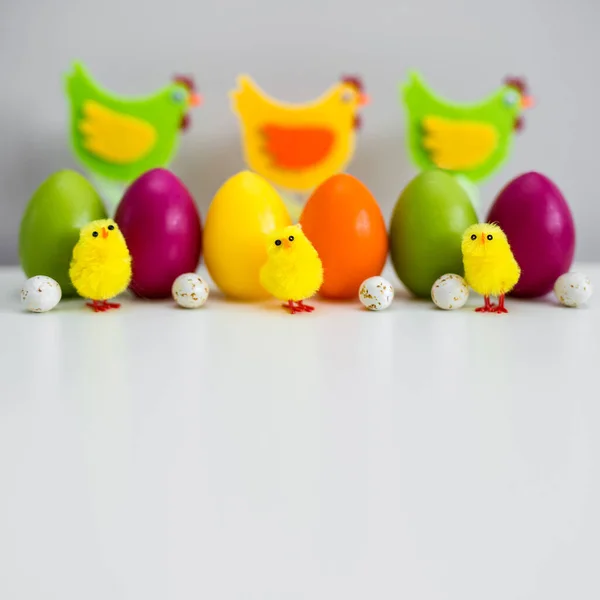 Easter Background Close Colorful Painted Easter Eggs Decorations Copy Space — Stock Photo, Image