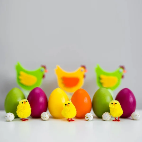 Easter Background Colorful Painted Easter Eggs Decorations Copy Space Wall — Stock Photo, Image