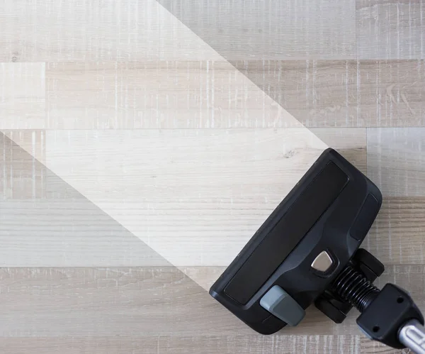 Housekeeping Concept Vacuum Cleaner Sweeping Dirty Wooden Floor — Stock Photo, Image