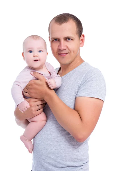 Padre Joven Con Bebé Niña Aislado Sobre Fondo Blanco — Foto de Stock