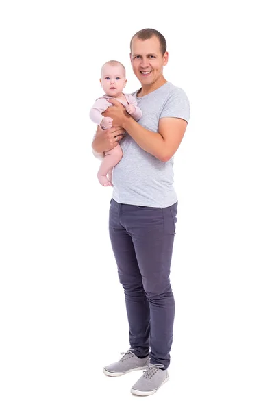 Retrato Comprimento Total Jovem Pai Com Bebê Menina Isolada Fundo — Fotografia de Stock