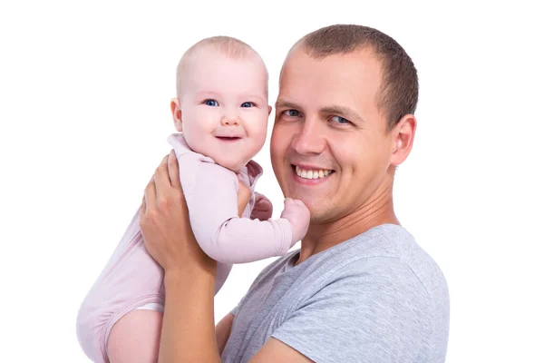 Close Retrato Jovem Pai Com Bebê Menina Isolada Fundo Branco — Fotografia de Stock