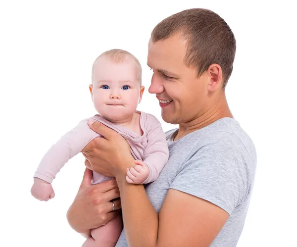 Ayah Muda Memegang Lucu Bayi Perempuan Terisolasi Latar Belakang Putih — Stok Foto