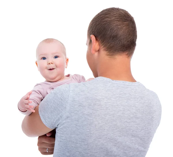 Terug Uitzicht Jonge Vader Houden Schattig Baby Meisje Geïsoleerd Witte — Stockfoto