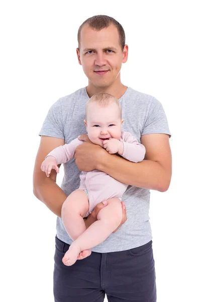 Retrato Padre Joven Sosteniendo Niña Aislada Sobre Fondo Blanco — Foto de Stock