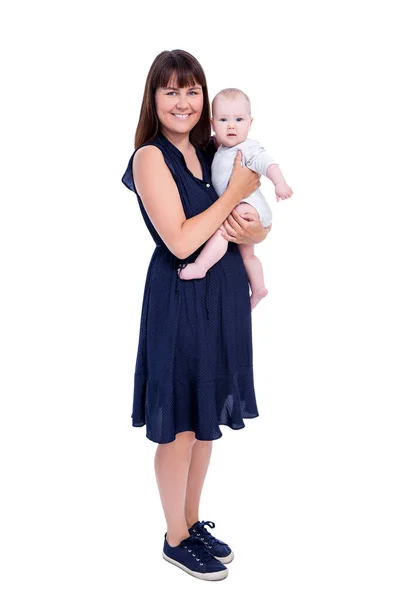 Retrato Comprimento Total Jovem Mãe Com Pequeno Bebê Isolado Fundo — Fotografia de Stock
