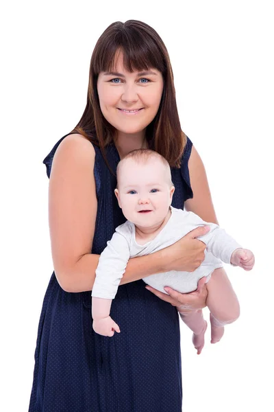 Retrato Bela Jovem Mãe Com Pouco Bebê Isolado Fundo Branco — Fotografia de Stock