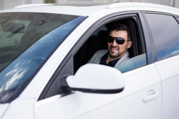 Portrait Handsome Business Man Driving His White Car — Stock Photo, Image