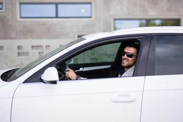 Portrait Handsome Business Man Sitting White Car — Stock Photo, Image