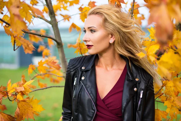 Portrait Young Beautiful Blond Woman Leather Jacket Posing Autumn Park — Stock Photo, Image