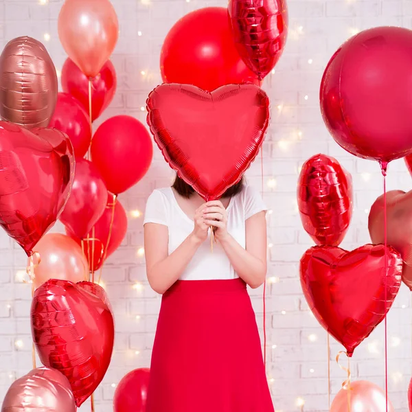 Valentine Day Concept Slim Woman Covering Her Face Heart Shaped — Stock Photo, Image