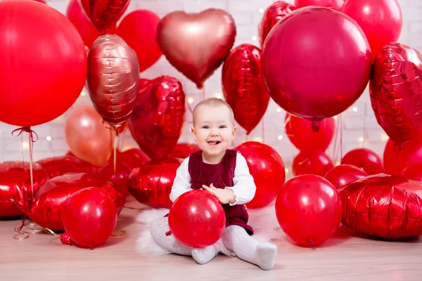 Valentine Day Concept Little Baby Girl Red Heart Shaped Balloons — Stock Photo, Image