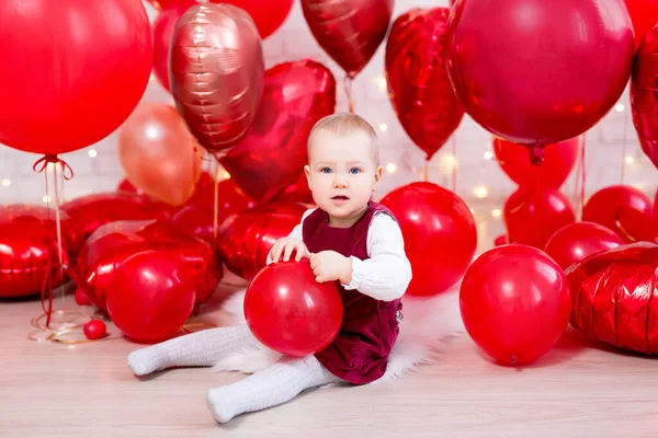 Valentine Day Concept Portrait Cute Little Baby Girl Red Balloons — Stock Photo, Image