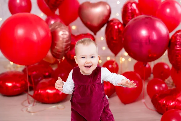 Valentine Day Concept Portrait Funny Little Baby Girl Red Foil — Stock Photo, Image