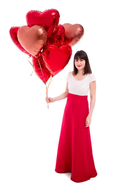 情人节或生日的概念 快乐的女人与红色气球隔离的白色背景 — 图库照片