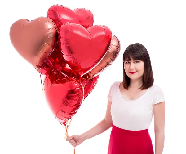 Valentine Day Birthday Concept Beautiful Woman Red Balloons Isolated White — Stock Photo, Image