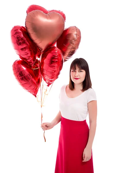 Valentýn Nebo Narozeninový Koncept Žena Červenými Balónky Izolované Bílém Pozadí — Stock fotografie