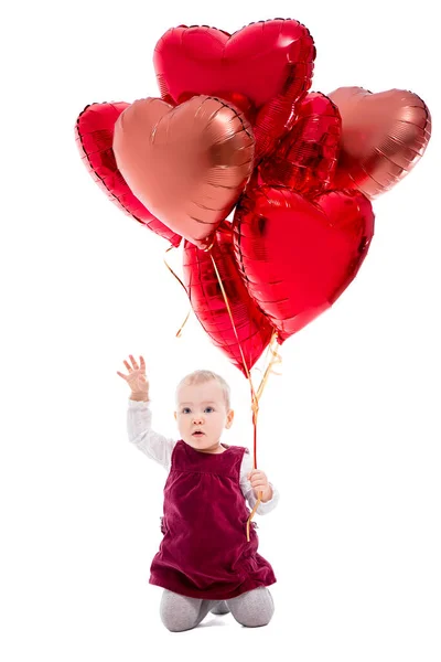 Valentine Day Birthday Concept Cute Little Baby Girl Red Balloons — Stock Photo, Image