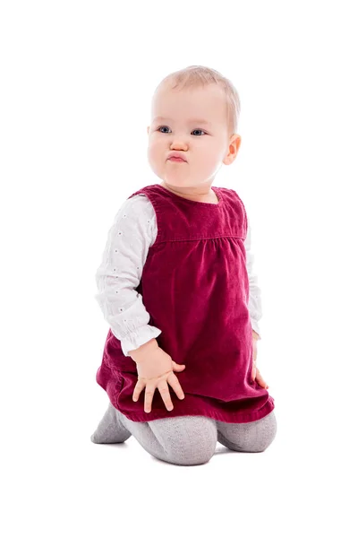 Bonito Triste Bebê Menina Isolado Fundo Branco — Fotografia de Stock