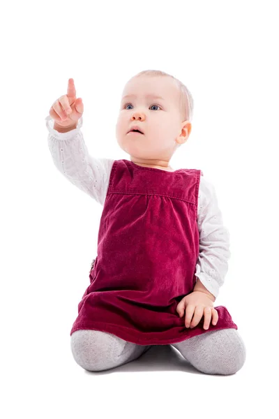 Schattig Baby Meisje Wijzend Naar Iets Geïsoleerd Witte Achtergrond — Stockfoto