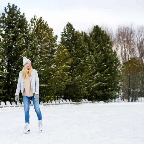 Happy Young Woman Skating Ice Figure Skates Outdoors — Stock Photo, Image