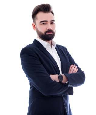 Yakışıklı sakallı iş adamı beyaz arka planda izole edilmiş.