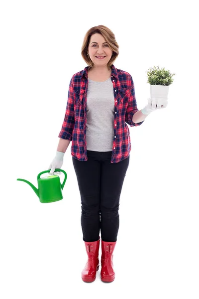 Full Length Portret Van Lachende Vrouw Van Middelbare Leeftijd Tuinier — Stockfoto