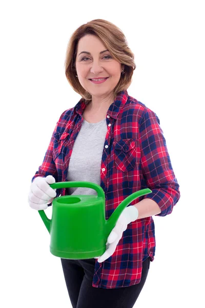 Portrait Middle Aged Woman Gardener Watering Can Isolated White Background — Stock Photo, Image