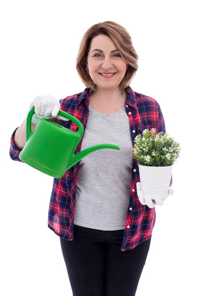 Retrato Mujer Jardinero Mediana Edad Sonriente Con Maceta Regadera Aislada — Foto de Stock