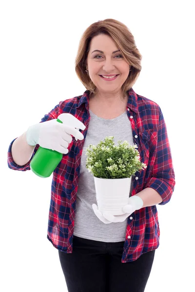 Retrato Mujer Jardinero Mediana Edad Con Maceta Botella Riego Aislado — Foto de Stock