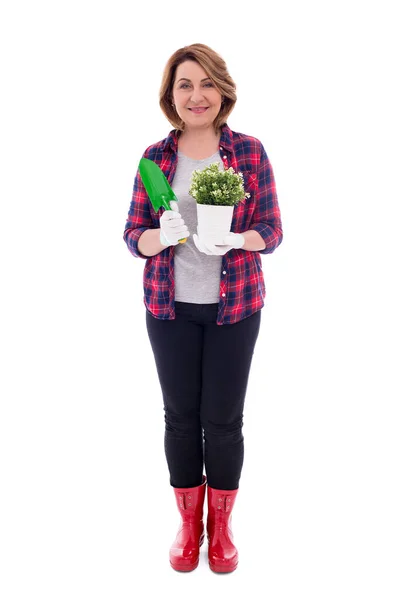 Full Length Portrait Smiling Mature Woman Potted Plant Shovel Isolated — Stock Photo, Image