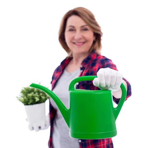 Arrosoir Dans Les Mains Des Jardinières Isolées Sur Fond Blanc — Photo