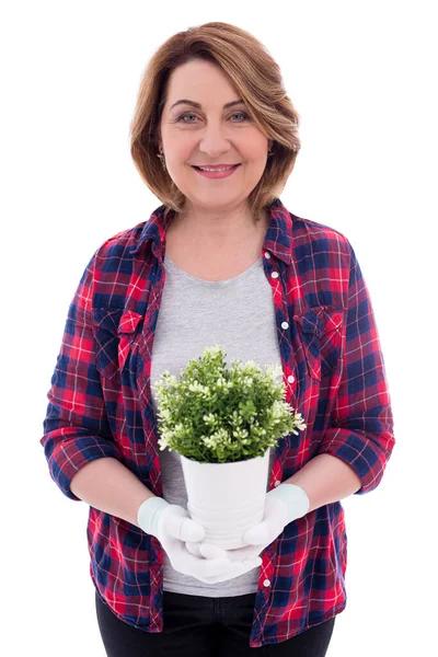 Retrato Mujer Madura Sonriente Jardinero Con Maceta Planta Aislada Sobre — Foto de Stock