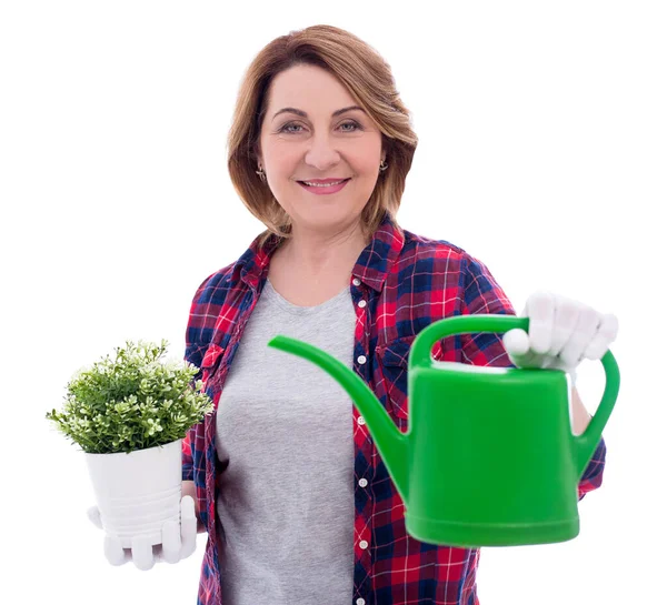 Portrait Smiling Mature Woman Gardener Watering Can Potted Plant Isolated — Stock Photo, Image