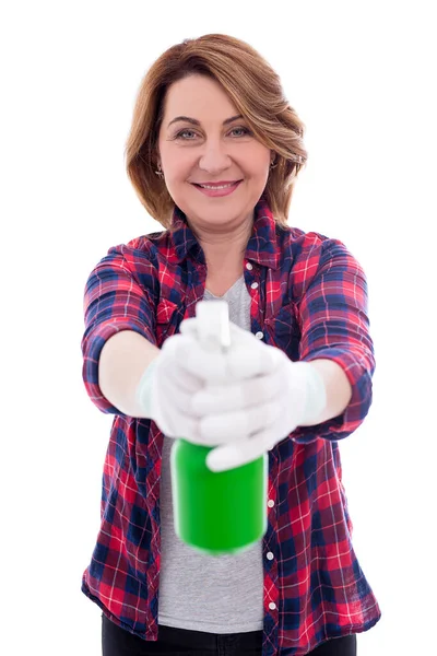 Conceito Limpeza Retrato Mulher Meia Idade Com Pulverização Garrafa Spray — Fotografia de Stock