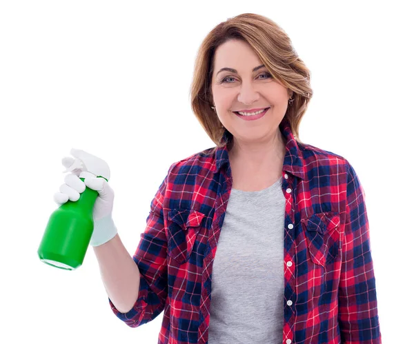 Reiniging Concept Portret Van Glimlachende Volwassen Vrouw Met Spray Fles — Stockfoto