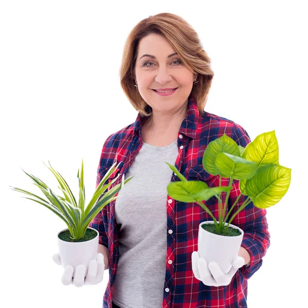 Portret Van Gelukkig Volwassen Vrouw Tuinman Met Potplanten Geïsoleerd Witte — Stockfoto
