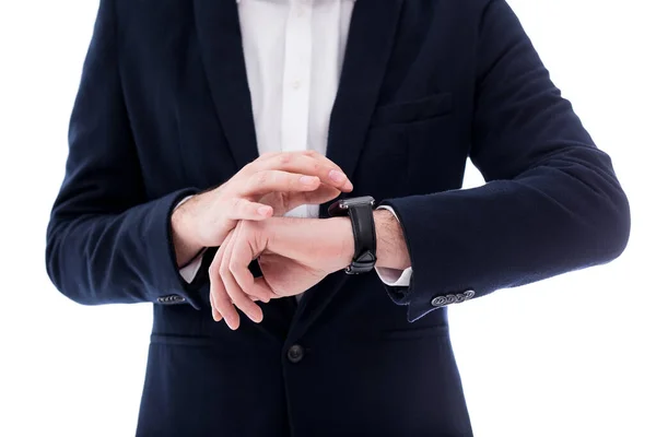 Primer Plano Del Reloj Muñeca Masculina Aislado Sobre Fondo Blanco —  Fotos de Stock