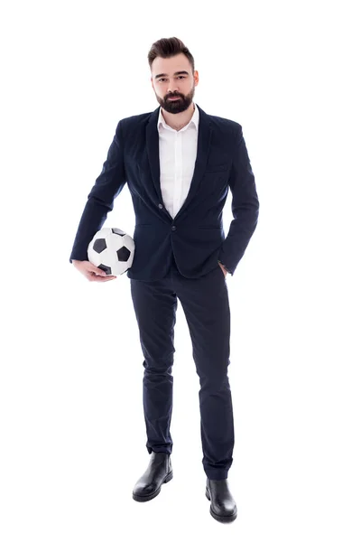 Ritratto Completo Giovane Uomo Affari Bello Barbuto Con Pallone Calcio — Foto Stock