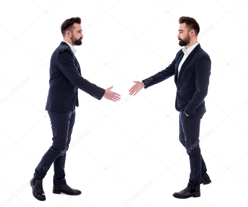 business people concept - two same businessmen ready for handshake isolated on white background