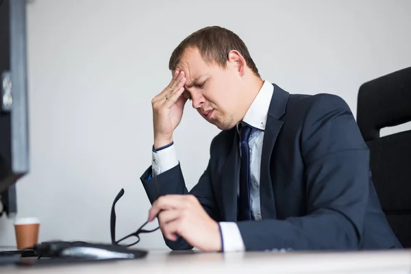 Business Depression Concept Portrait Stressed Businessman Sitting Modern Office — Stock Photo, Image