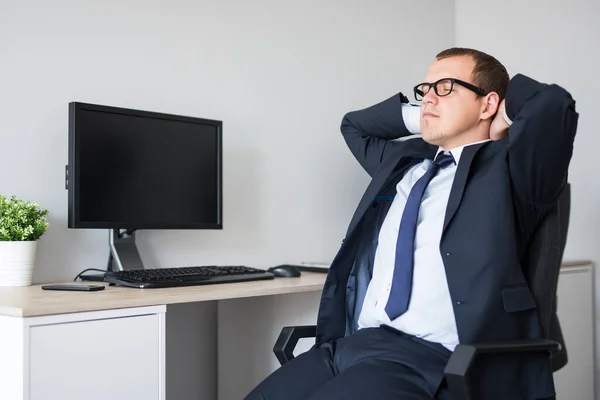 Portrait Happy Businessman Relaxing Modern Office Blank Screen Copy Space — Stock Photo, Image