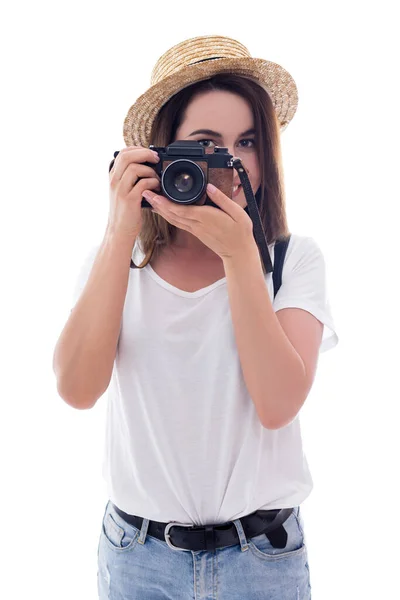 Junge Touristin Mit Kamera Isoliert Auf Weißem Hintergrund — Stockfoto