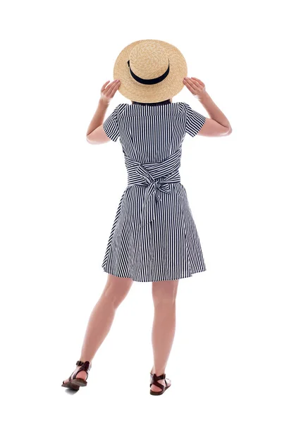 Back View Young Woman Striped Dress Straw Hat Isolated White — Stock Photo, Image