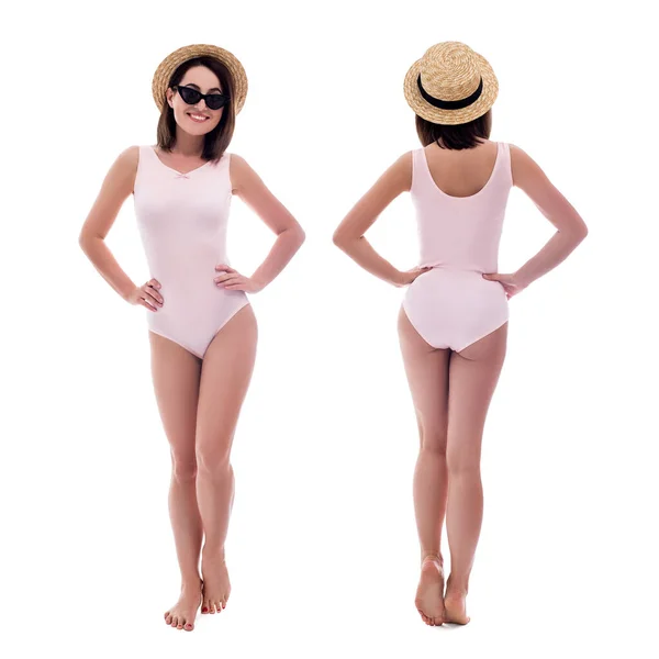 Front Back View Young Beautiful Woman Pink Swimsuit Straw Hat — Stock Photo, Image